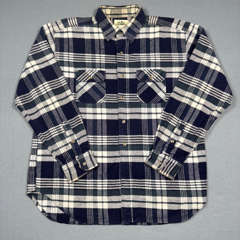 Timber Trail Flannel Shirt Mens Large Navy Blue White Plaid Cotton Button Up L